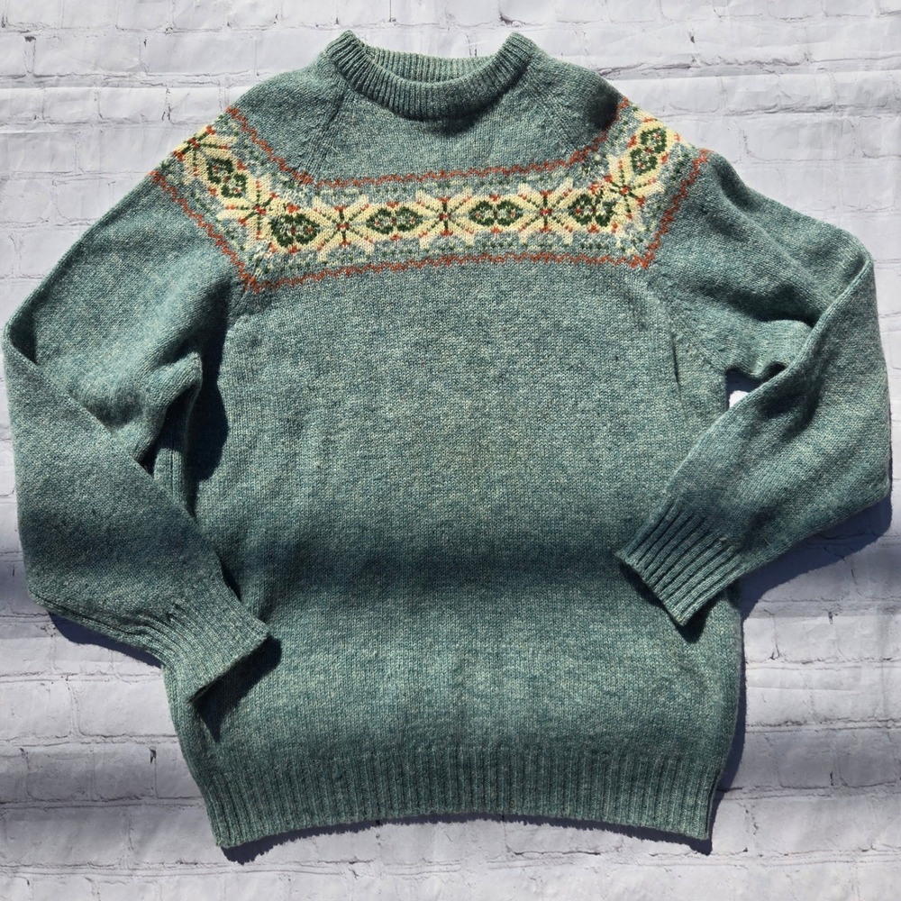 Vintage Alan Paine Shetland Wool Sweater Mens 44 Blue Fair Isle Made in England